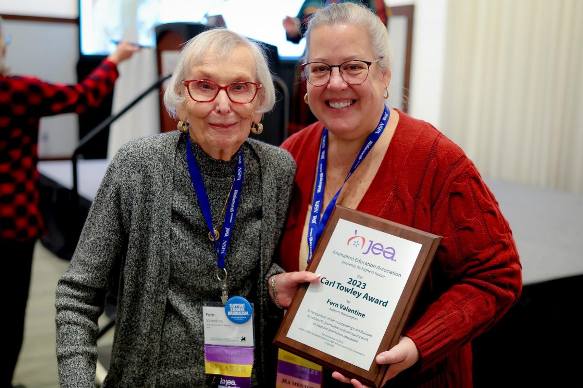 JEA President Valerie Kibler, right, with 2023 Carl Towley Award winner Fern Valentine.